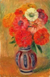 Zinnien in einer gestreiften blauen Vase
